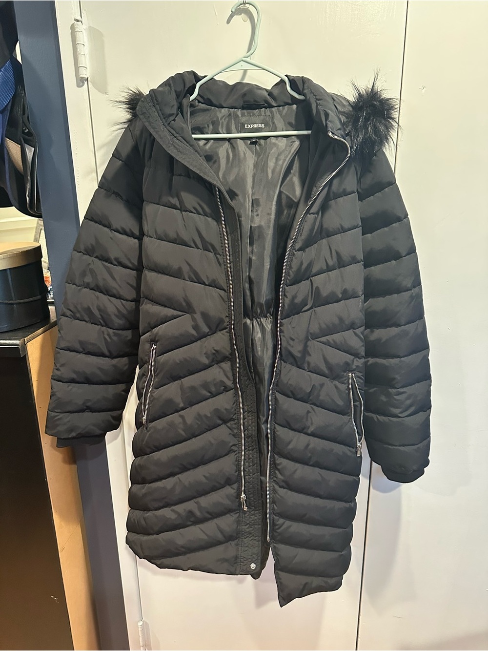 Express Black Quilted Hooded Puffer Coat with Faux Fur Trim